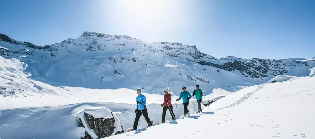 Vier Personen beim Schneeschuhwandern in verschneiter Berglandschaft unter blauem Himmel