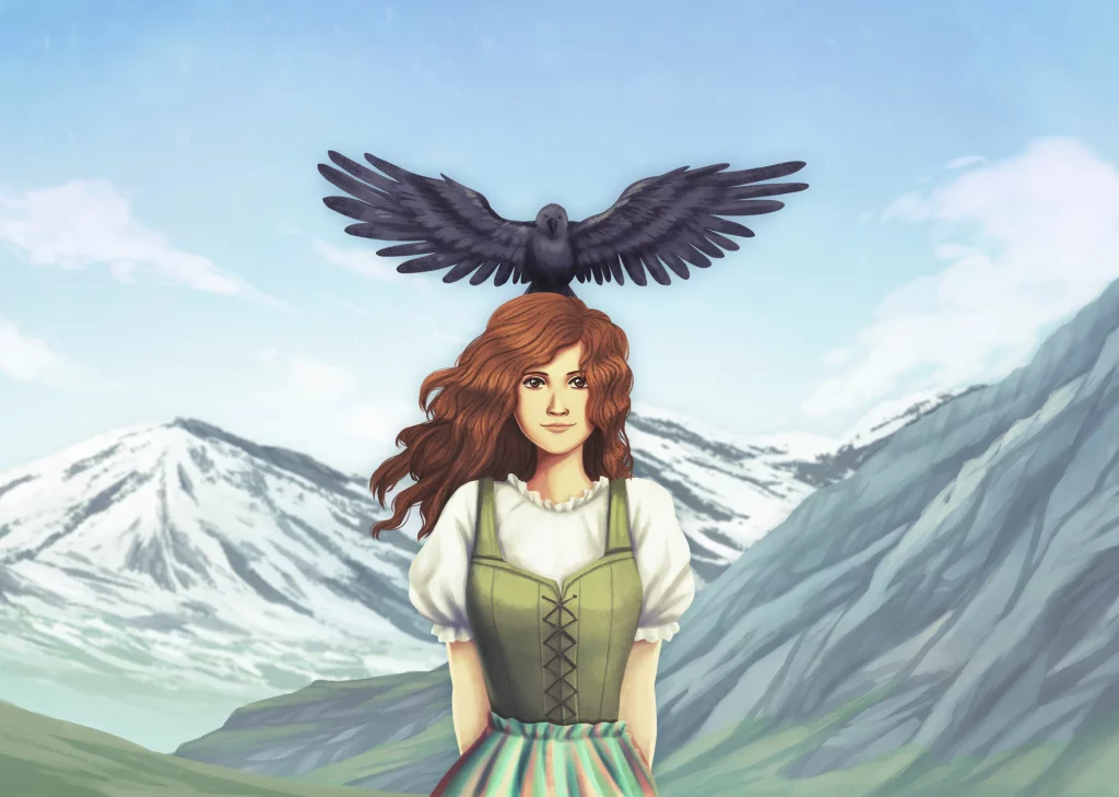 Illustration von Vogellisi mit einem schwarzen Vogel auf dem Kopf in alpiner Berglandschaft